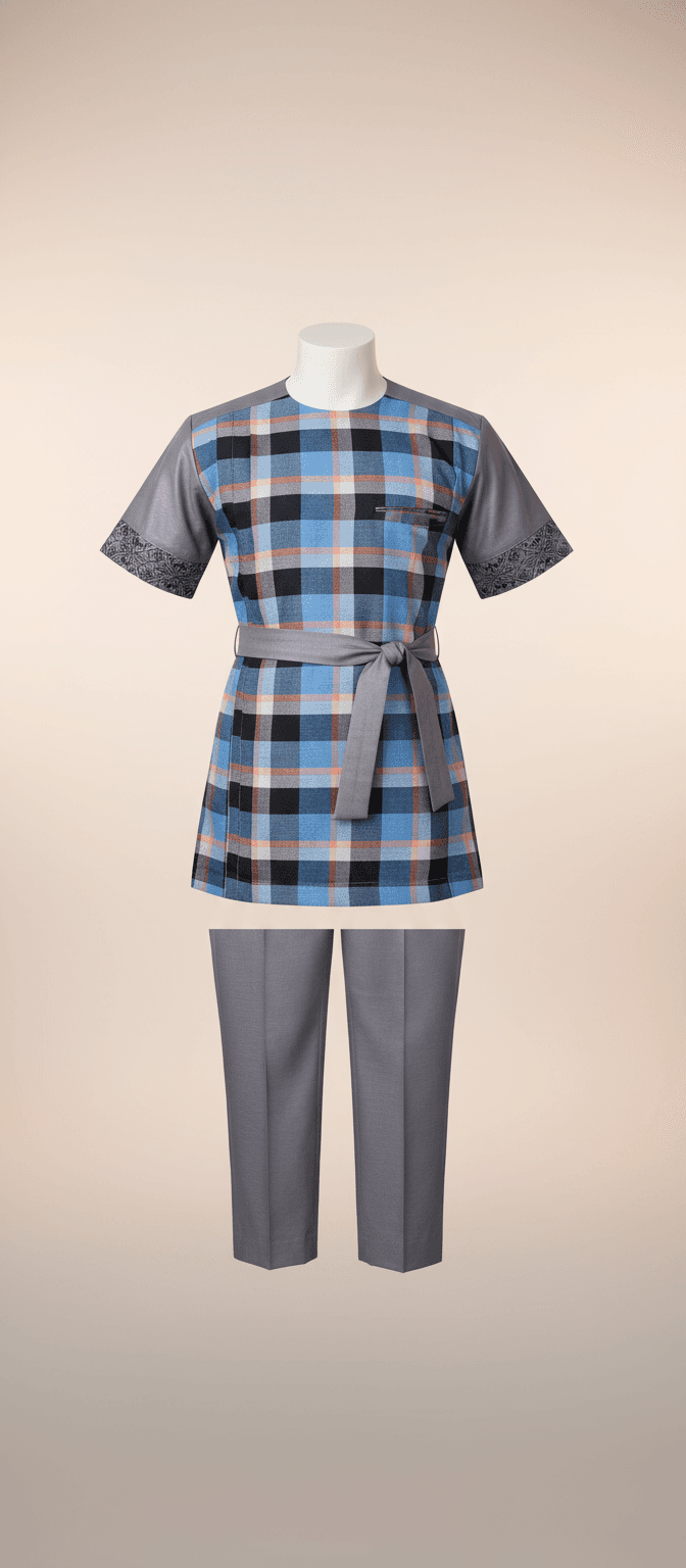 Blue Plaid Short-Sleeve Shirt with Grey Sleeves