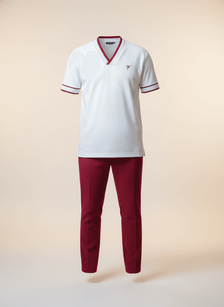 Cream and Maroon Ribbed Two-Piece Set