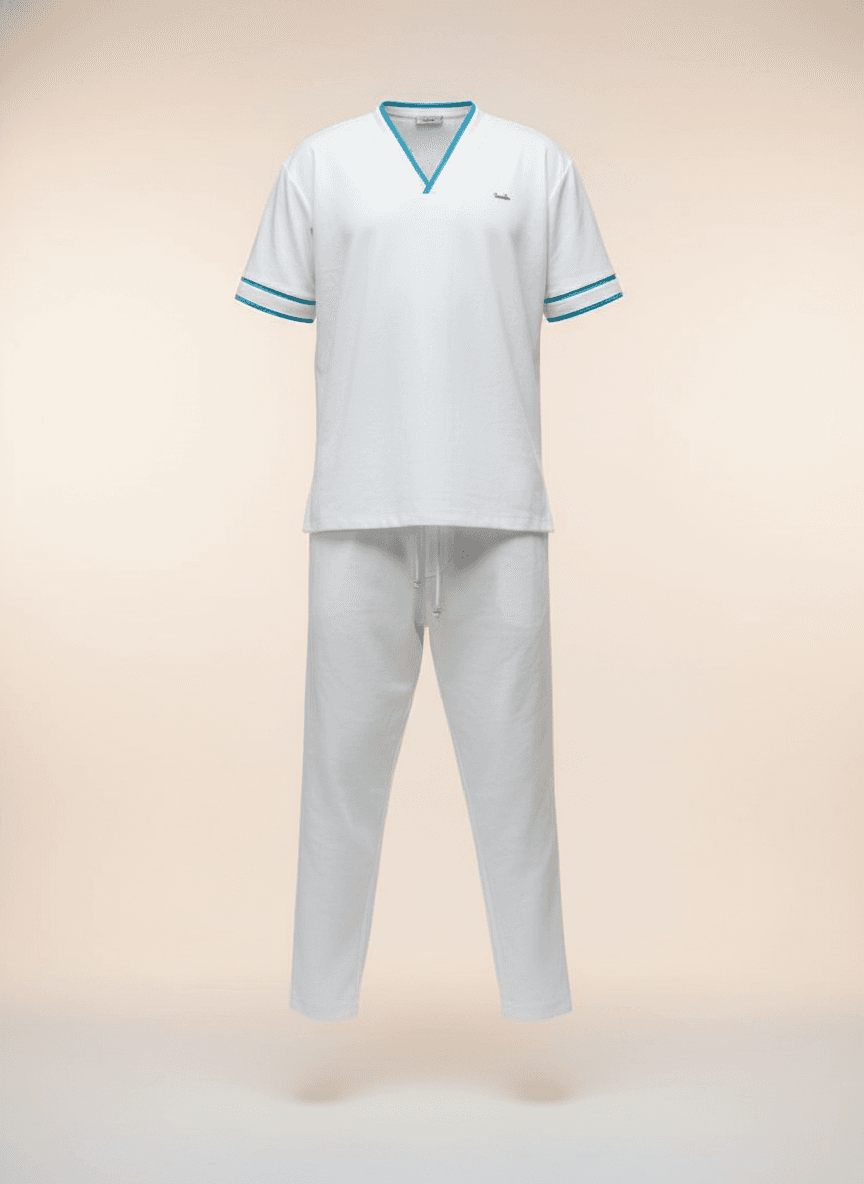 White Cotton Two-Piece Set with Blue Accents